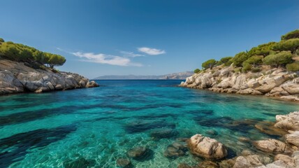 mediterranean sea travel background,Crystal-clear Mediterranean waters with rocky coastline and vibrant blue sky

