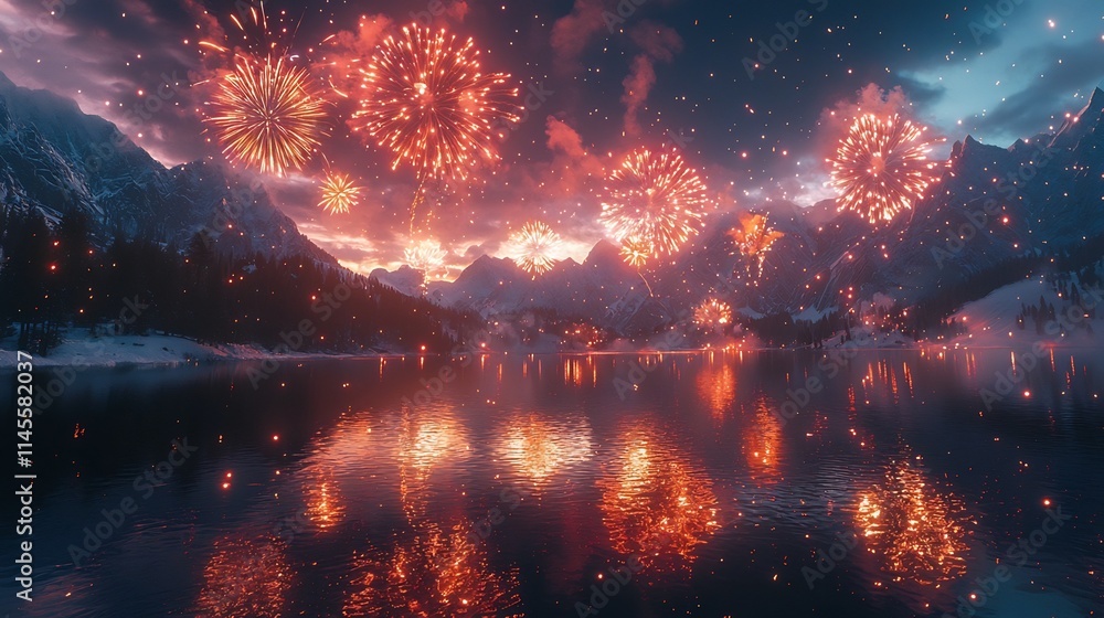 Poster stunning and fireworks display illuminating a remote mountain landscape with colorful reflections on