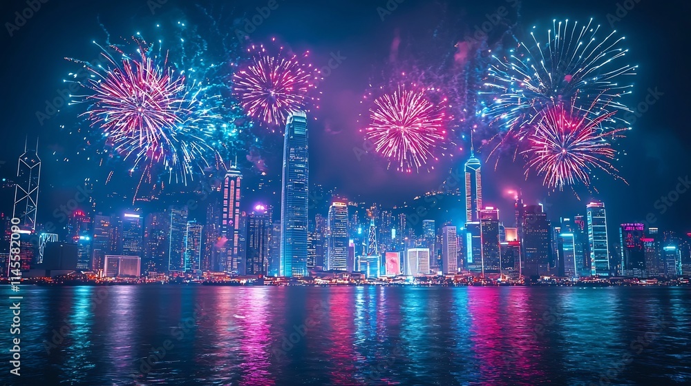 Poster stunning display of bold new year s fireworks exploding over a futuristic city skyline with glowing 