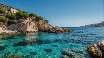 mediterranean sea travel background,Crystal-clear Mediterranean waters with rocky coastline and vibrant blue sky


