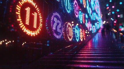 Stunning digital New Year countdown scene with bold large format clock display colorful flashing lights and a clean minimalist top area for text overlay  render with a dynamic