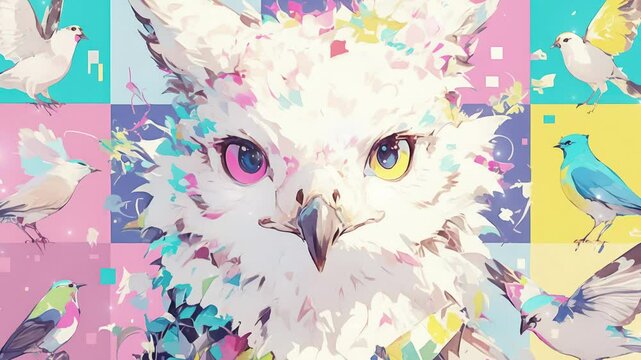 Colorful avian art celebration featuring a majestic owl surrounded by vibrant birds in playful patterns seamless 4K time-lapse virtual video animation background