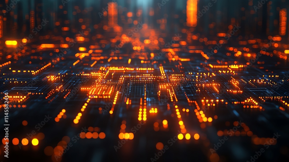 Poster abstract representation of a vibrant microchip circuit in glowing orange lights.