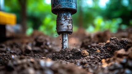 Close-up of a drill penetrating soil, showcasing land preparation for gardening.