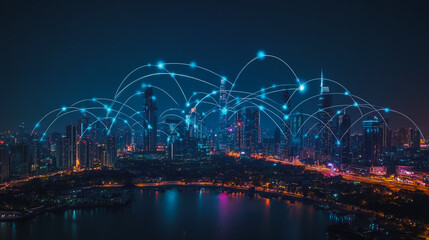 Fototapeta premium Smart digital city with connection cyber security network reciprocity over the cityscape . future smart wireless digital city and social media networking systems that connects people within the city