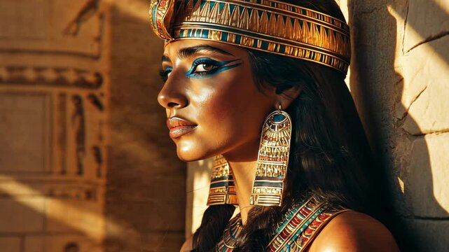 woman wearing ancient Egyptian attire at historical site with hieroglyphic on wall