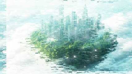 A city suspended in the sky surrounded by vibrant trees and fluffy clouds. glitch stream overlay seamless loop Vtuber streamer asset twitch zoom OBS screen animated wallpaper virtual background