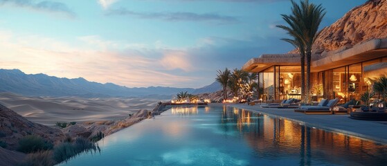 Obraz premium A group of friends at a luxury resort in the desert, preparing to ring in the New Year. The desert landscape, Generative AI