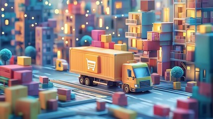 Vibrant Cartoon Delivery Hub with Futuristic Logistics Coordination and Packaging Animations Showcasing Advanced Route Planning Virtual Assistants and Glowing Technology Systems