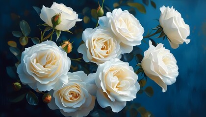 Beautiful arrangement of white roses against a deep blue background