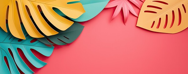 Micro foliage concept. Colorful paper leaves arranged on a vibrant pink backdrop for creative projects.