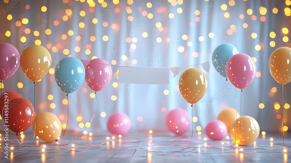 Poster vibrant new year s party setting with colorful balloons glowing string lights and a clean white bann