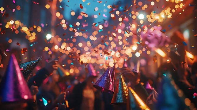 Vibrant New Year with Sparkling Hats Shimmering Streamers and a Joyful Crowd Illuminated by Dynamic Lights