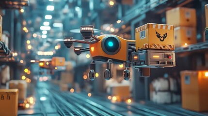 Visually captivating showcasing an automated shipping system with animated delivery drones glowing shipment updates and playful robot helpers managing orders in a style