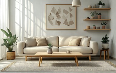Modern living room interior with beige sofa, wooden coffee table, plants, and geometric art.