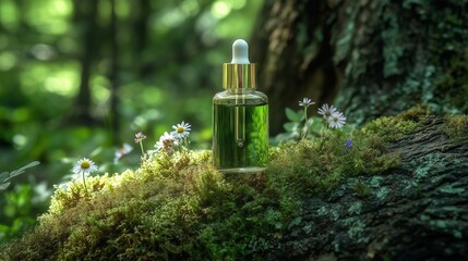 A moss extract bottle on a tree trunk, surrounded by wildflowers, evokes tranquility and nature's essence.