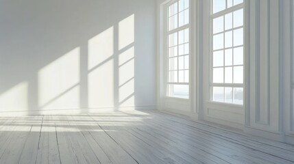 Fototapeta premium Sunlit Empty Room: Minimalist Interior Design with Large Windows and White Walls
