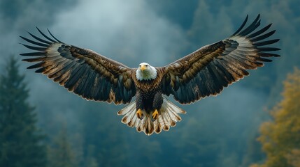 Majestic eagle soaring through a misty forest.