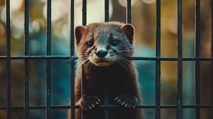 Young Mink Holding Cage Bars  A Captive Animal