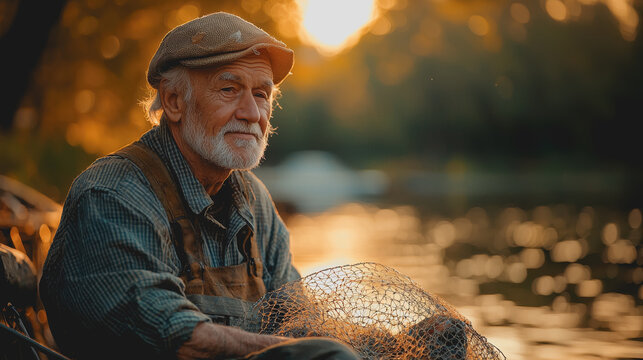 A solitary man sitting peacefully on a rustic wooden boat casting a fishing net into tranquil waters surrounded by lush greenery under a clear blue sky reflecting a serene atmosphere