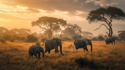 A family of elephants walks through the savanna at sunset, with golden grass and trees in the background.