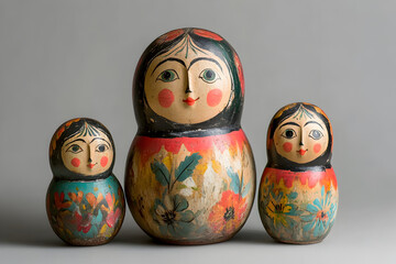 Three wooden dolls with flowers painted on them. The dolls are arranged in a row. The dolls are colorful and have a playful, whimsical appearance