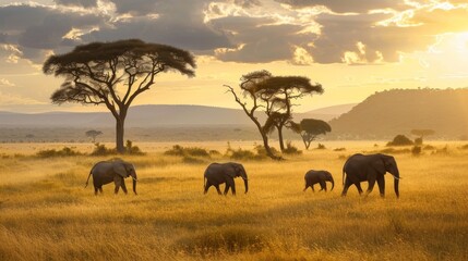 Fototapeta premium A family of elephants walks across the golden savanna as the sun sets on the horizon.