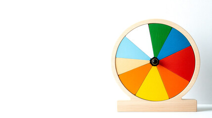 A colorful spinning wheel with various segments, displayed on a simple stand, suggesting themes of chance, games, and entertainment.