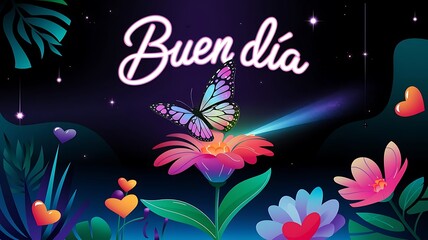 Buen dia Spanish language Good morning or Have a nice day with neon effect butterfly and love heart shape