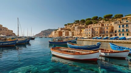 Fototapeta premium mediterranean sea travel background, Mediterranean harbor with fishing boats bobbing gently in the water