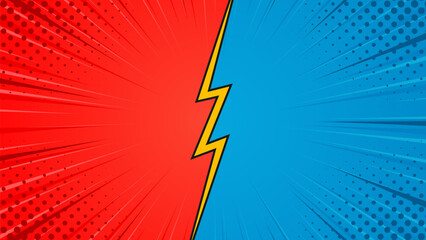 Red and blue heroes comic cartoon background. Abstract pop art comic sunburst effect with halftones. Suitable for thumbnails, templates, banners, events, ads, web, and pages © Ruwaifi