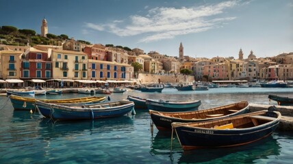 Fototapeta premium mediterranean sea travel background, Mediterranean harbor with fishing boats bobbing gently in the water