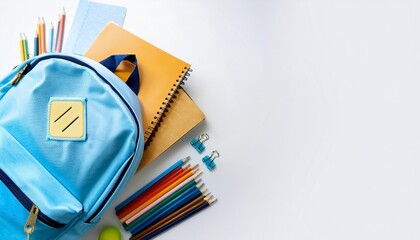 Top View of Light Blue School Backpack with Books and Stationery on White Background Isolated. Back to School Concept. Banner with Copy Space.