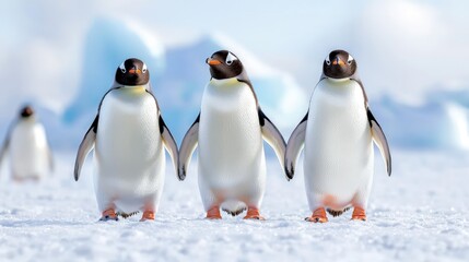 Obraz premium Three gentoo penguins holding flippers while walking together across a snowy arctic landscape with icebergs in the background.