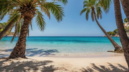 mediterranean sea travel background, Palm trees framing a Mediterranean beach with crystal-clear water

