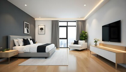 Fototapeta premium A modern and minimalist bedroom with a large window , a gray upholstered bed, a white sofa, and a patterned rug on the hardwood floor.