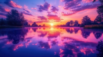 Fototapeta premium Vibrant sunrise over calm lake reflecting colorful sky.