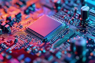 A close-up of a computer chip being carefully packaged in a high-tech semiconductor packaging machine, with a focus on the intricate details of the process.