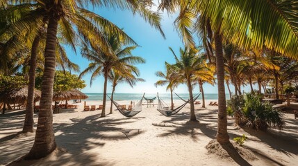 Serene Tropical Beach with Hammocks and Palm Trees under Blue Sky