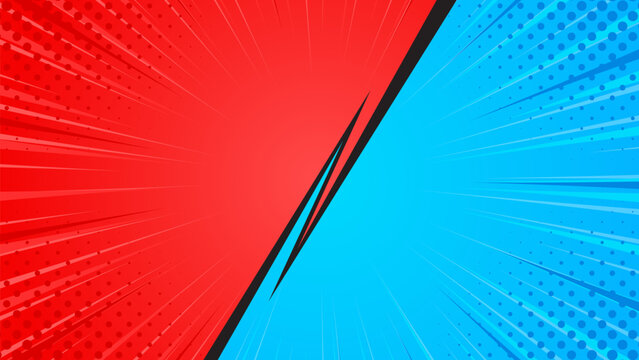 Red and blue heroes comic cartoon background. Abstract pop art comic sunburst effect with halftones. Suitable for thumbnails, templates, banners, events, ads, web, and pages