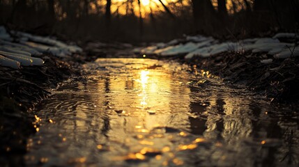 Peaceful Woodland Brook with Slow Moving Water at Sunset Glow