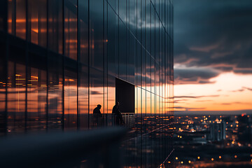 A tall city building illuminated at dusk with reflections