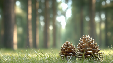 Forest Floor Tranquility: Two pine cones rest gently on a bed of verdant grass, bathed in the soft glow of a sun-dappled forest. The blurred background evokes a sense of serenity and natural beauty.
