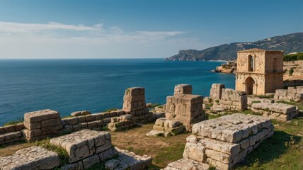 mediterranean sea travel background, Ancient stone ruins overlooking the Mediterranean coastline and sea


