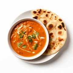 Butter Chicken and Naan, Isolated white background, flat lay 