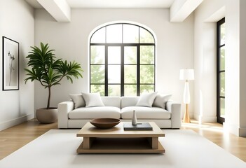Fototapeta premium A modern, minimalist living room with a large arched window , white sofas , and a wooden coffee table . The room has a clean, airy feel with natural light streaming in.