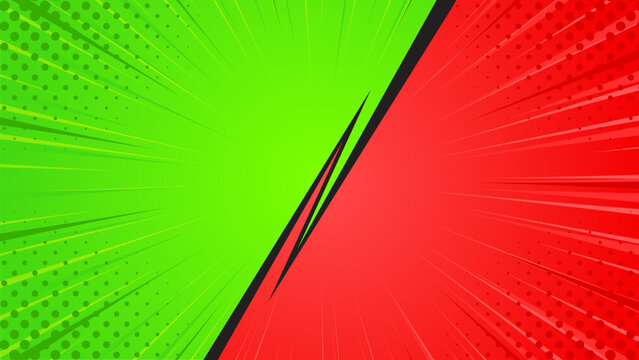 Abstract green and red comic cartoon background. Pop art comic sunburst effect with halftones. Suitable for thumbnails, templates, banners, events, ads, web, and pages