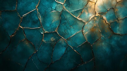 Teal and gold cracked texture background.