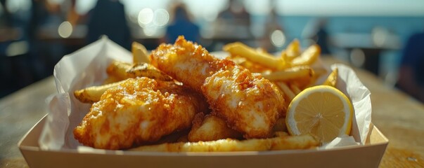Beachfront Fish and Chips, Golden-brown Seafood with Lemon Wedges and Sauce, Presented on Casual Table, Clear Sky Backdrop, Advertising Food or Dining Experiences