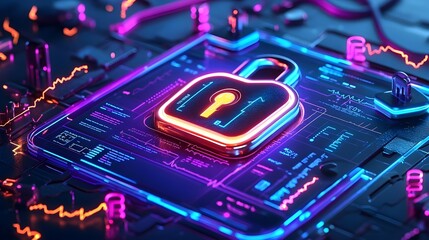 cyber security neon padlock concept - neon/glow effects